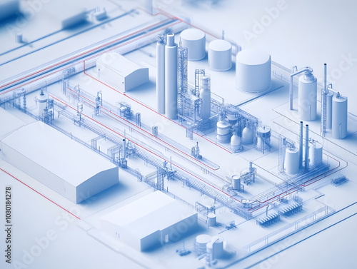 detailed diagram of fuel processing technology showcasing various industrial structures, pipelines, and storage tanks in clean, organized layout