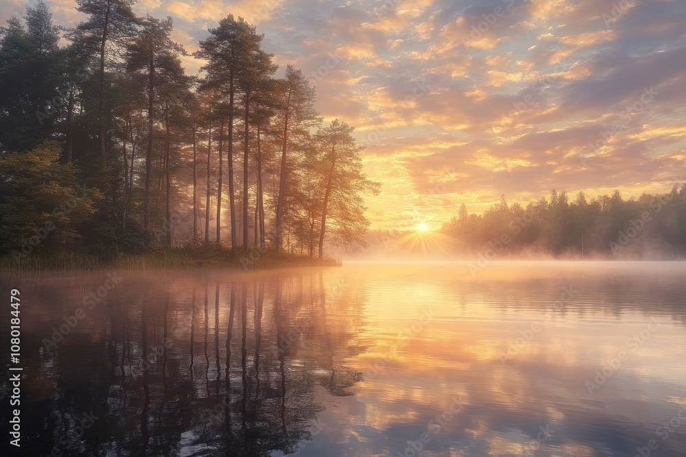 Misty Sunrise Over a Tranquil Lake With Trees Reflected in the Water Misty Sunrise Over a Tranquil Lake With Trees Reflected in the Water
