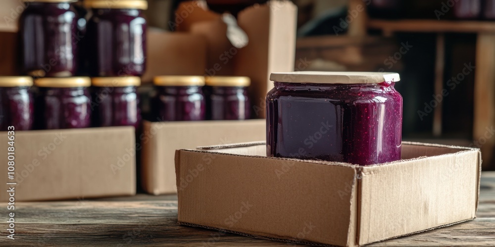 A jar of purple jam sits in a box, surrounded by more jars in a rustic setting. A jar of purple jam sits in a box, surrounded by more jars in a rustic setting.
