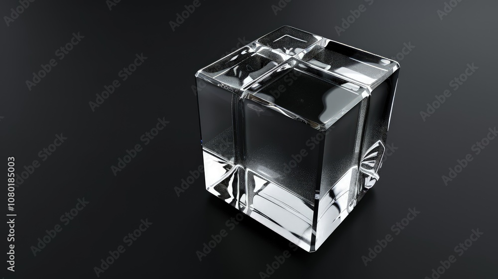 Render a transparent glass cube on a white reflective surface, showing subtle light refractions and reflections on the surface below, giving it a minimalist, modern look. Render a transparent glass cube on a white reflective surface, showing subtle light refractions and reflections on the surface below, giving it a minimalist, modern look.