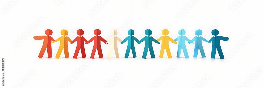A colorful representation of paper figures holding hands, symbolizing unity, diversity, and collaboration among people. A colorful representation of paper figures holding hands, symbolizing unity, diversity, and collaboration among people.