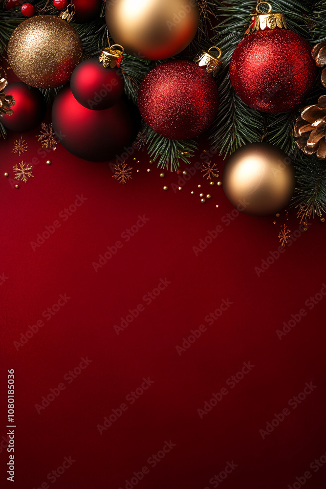Festive red and gold Christmas background adorned with beautiful ornaments, perfect for holiday designs and festive decorations. Festive red and gold Christmas background adorned with beautiful ornaments, perfect for holiday designs and festive decorations.