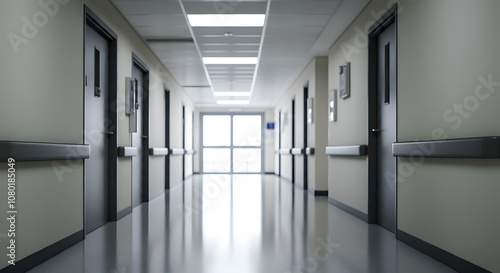 Modern Hospital Corridor with Polished Floors and Soft Blur Effect