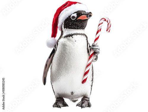 Festive penguin wearing a Santa hat, holding a candy cane, against a white isolated background. photo