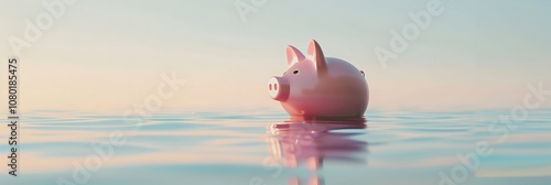 A serene piggy bank floats calmly on a tranquil water surface, surrounded by soft pastel colors at sunrise.