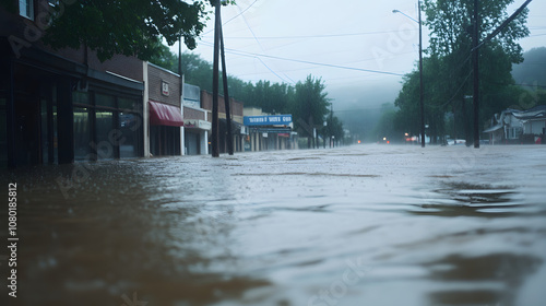 Fototapeta Naklejka Na Ścianę i Meble -  view of floodwaters rushing through small town, submerging streets and storefronts, creating scene of disruption and urgency. atmosphere is somber as water rises