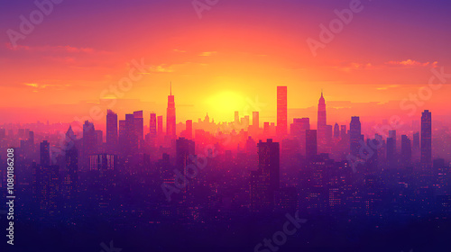 Illustration of a cityscape silhouette at sunset, with warm orange and purple tones fading into each other, adding a moody and atmospheric feel to the background.