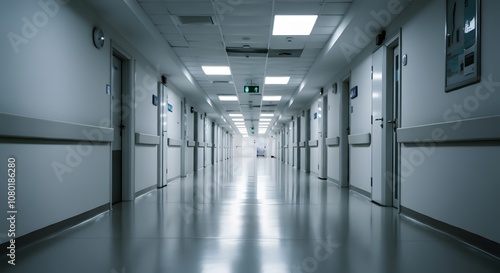 Modern Hospital Corridor with Polished Floors and Soft Blur Effect