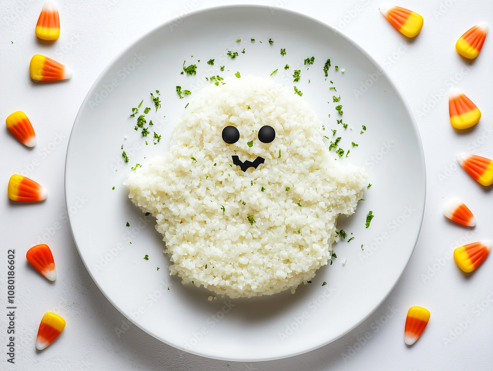 Healthy Halloween Treat: Ghost-Shaped Cauliflower Rice with Candy Corn on White Background Healthy Halloween Treat: Ghost-Shaped Cauliflower Rice with Candy Corn on White Background