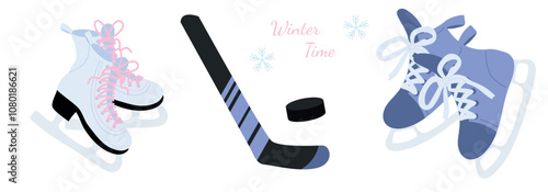 Set of white figure skates, hockey stick and puck, blue sport male hockey skates on white background. Winter ice sport activities. Hand drawn vector illustration in flat style. Male and female skates