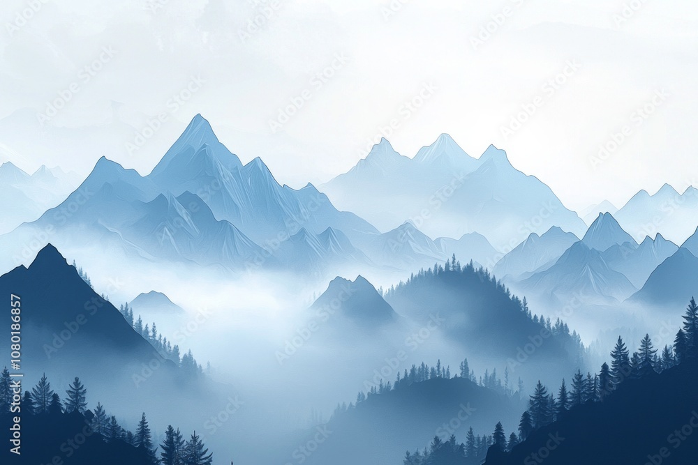 A blue mountain range with mist rising from the peaks, creating an ethereal and dreamy atmosphere. A blue mountain range with mist rising from the peaks, creating an ethereal and dreamy atmosphere.