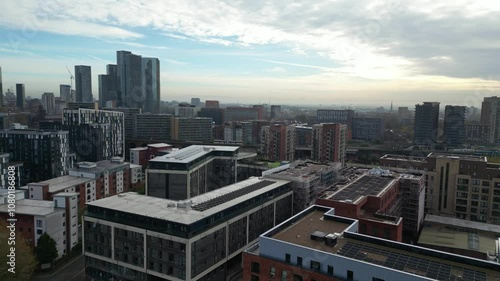 High Angle Footage of Manchester City of England UK during Cloudy Early Morning. Drone's Camera Footage Was Captured on November 11th, 2024