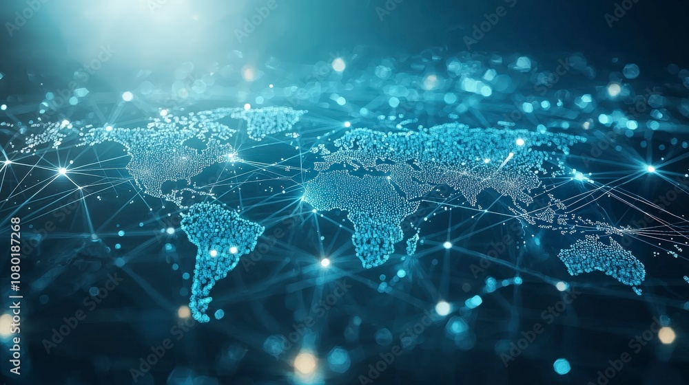 This artistic image showcases a digital abstract map highlighting the intricate network of global connections with glowing lines and points signifying communication. This artistic image showcases a digital abstract map highlighting the intricate network of global connections with glowing lines and points signifying communication.