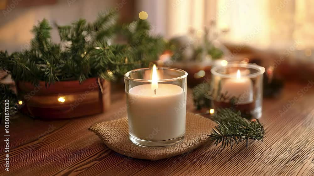 candle in glass on wooden table in cosy room with christmas decoration with ornament for holiday, flame light sway with bokeh at background