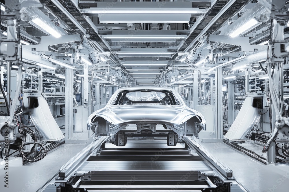 Obraz premium Minimalistic Factory Conveyor with Vehicle Frame for Industrial Design Print