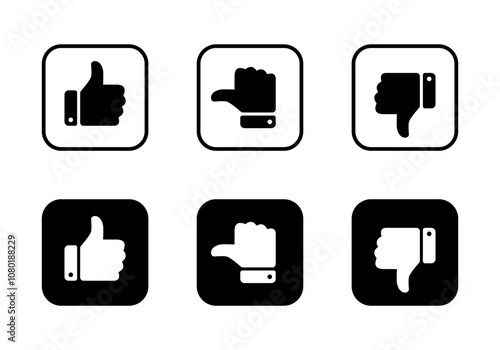 Like, neutral, and dislike thumb icon on black square. Feedback sign symbol