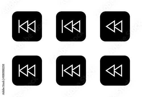 Rewind line icon on black square. Back track outline sign symbol photo