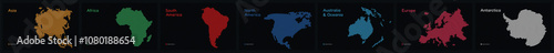 Vector Map Set of 7 Continents in a Spiral Circular Pattern: Asia, Africa, Europe, South America, North America, Australia and Oceania, Antarctica