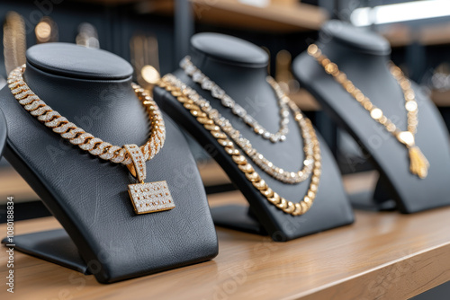 National Pawnbrokers Day. Elegant display of gold and diamond chains on black mannequins, highlighting the luxury and brilliance of high-end jewelry with sparkling details and opulent charm. 