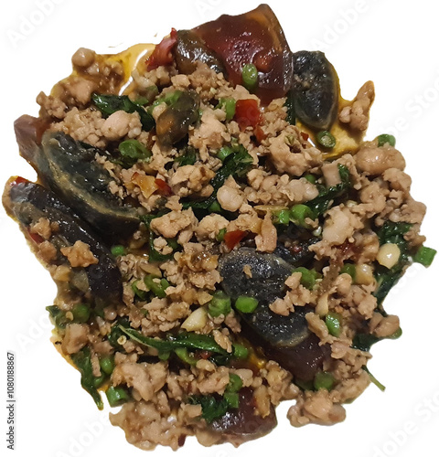 stir fried basil leaves with mince pork and Century Egg, black preserved egg, isolated on white background. top view photo