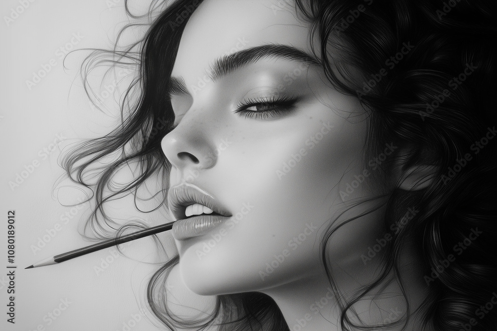 Obraz premium Portrait of a young girl with a pencil in her mouth, artist...