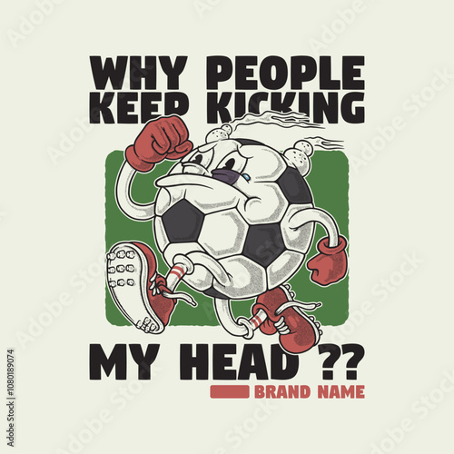 retro cartoon emblem of battered soccer ball