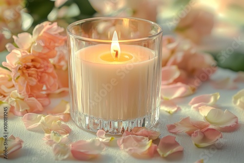 A candle in a luxurious glass holder surrounded by flower petals, casting a soft, romantic glow.