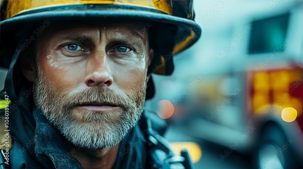 Close-up Portrait of a Firefighter with a Serious Expression Close-up Portrait of a Firefighter with a Serious Expression