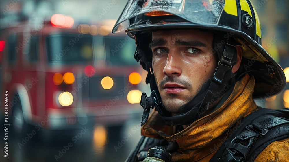Firefighter in Protective Gear Looking Intensely at the Camera Firefighter in Protective Gear Looking Intensely at the Camera
