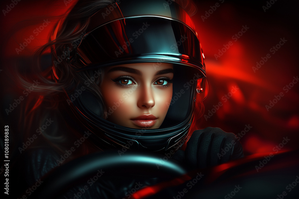 Girl in helmet driving racing car, Formula 1 pilot... Girl in helmet driving racing car, Formula 1 pilot...