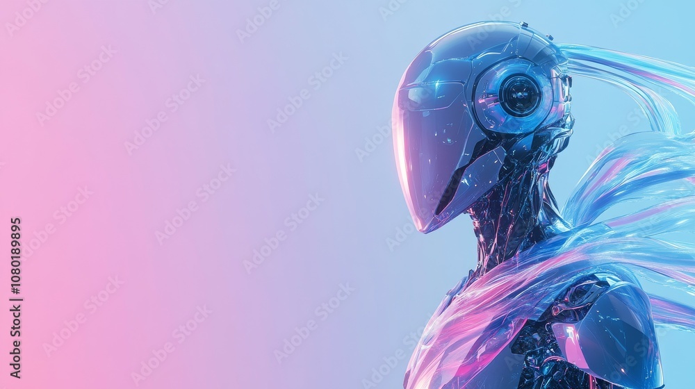 Obraz premium A light blue technology style background with a translucent blue to pink purple gradient of flowing ribbons. 