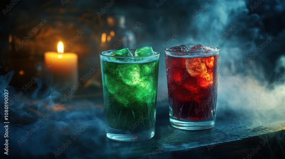 Two colorful drinks with ice, illuminated by candlelight and surrounded by mist. Two colorful drinks with ice, illuminated by candlelight and surrounded by mist.