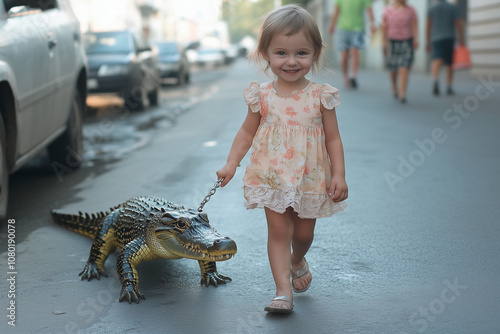 Little girl walking a crocodile on a leash on the street.