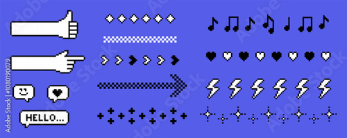 Page breaks design. Y2k pixel art text dividers set. Simple geometric line pattern with long arrow, star, emoji, music note and heart. Retro trendy brutal style. Game abstract editable vector elements