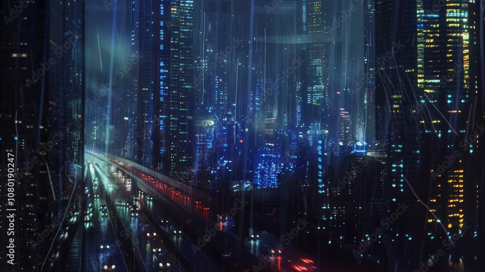 A vibrant, futuristic cityscape illuminated by neon lights and rain-soaked streets. A vibrant, futuristic cityscape illuminated by neon lights and rain-soaked streets.