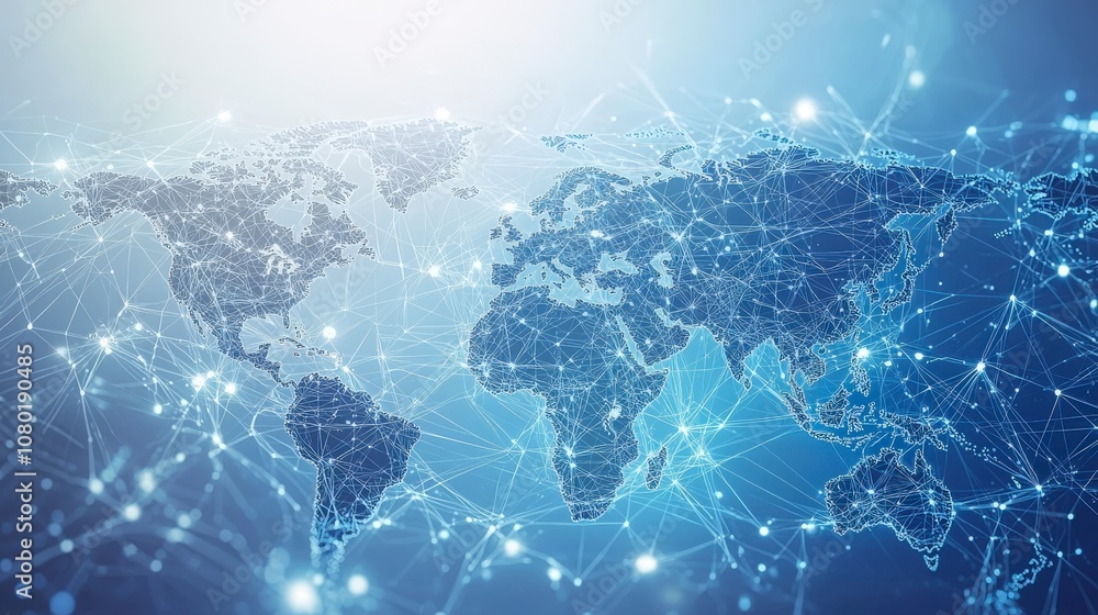 This image displays a blurred blue world map with bright, glowing network connections illustrating the global linkage and technological advancement on a digital level. This image displays a blurred blue world map with bright, glowing network connections illustrating the global linkage and technological advancement on a digital level.