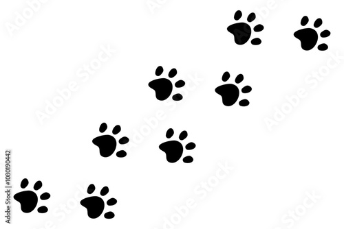 Paw print, dog or cat walk foot trace border. Pet footsteps trail. Simple silhouette step line. Cute marks on white background.