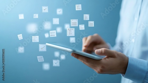 A businessman is holding an Pad and hes pointing check mark