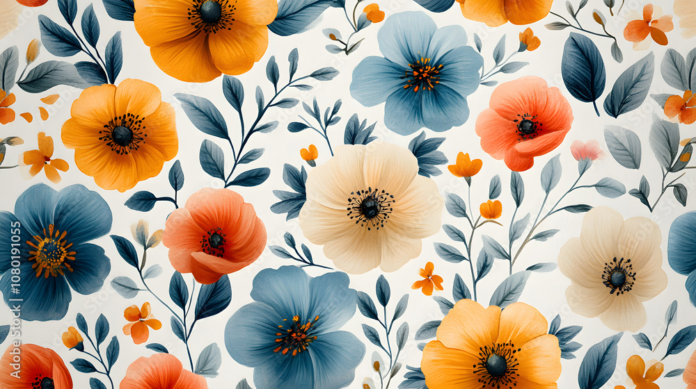 Seamless pattern illustration of hand-drawn flowers and leaves in soft pastel colors on a white background, creating a delicate and whimsical floral design. Seamless pattern illustration of hand-drawn flowers and leaves in soft pastel colors on a white background, creating a delicate and whimsical floral design.