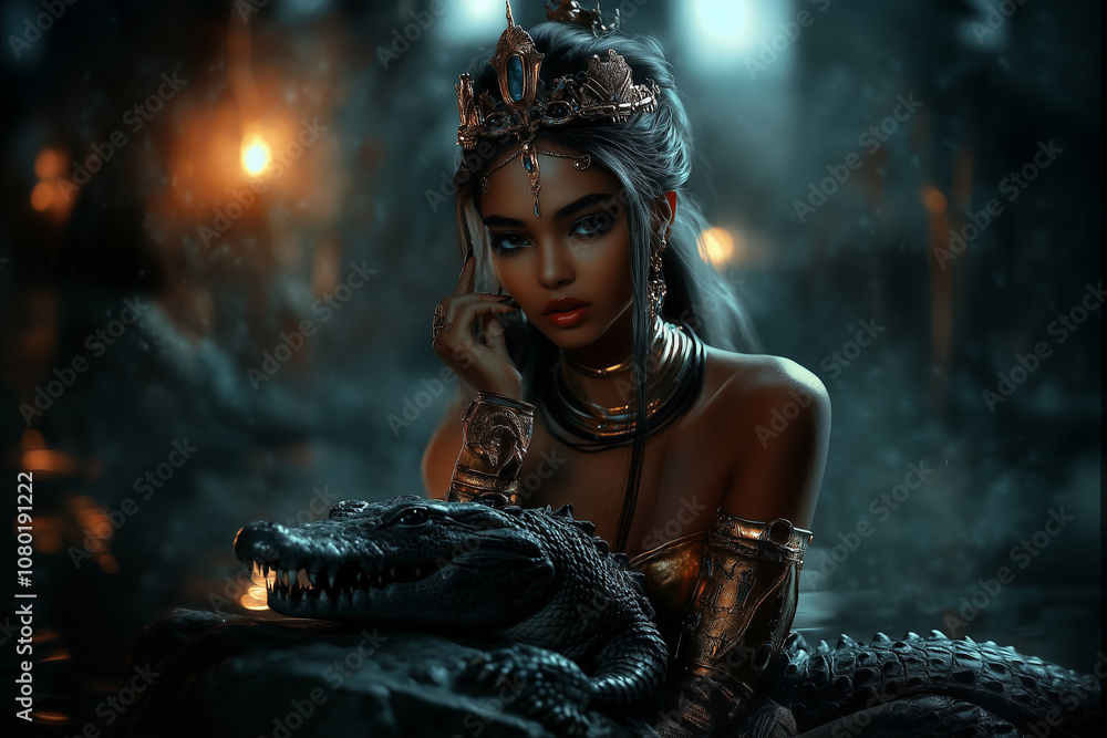 Ancient Egyptian woman queen, goddess with crocodile on chain... Ancient Egyptian woman queen, goddess with crocodile on chain...