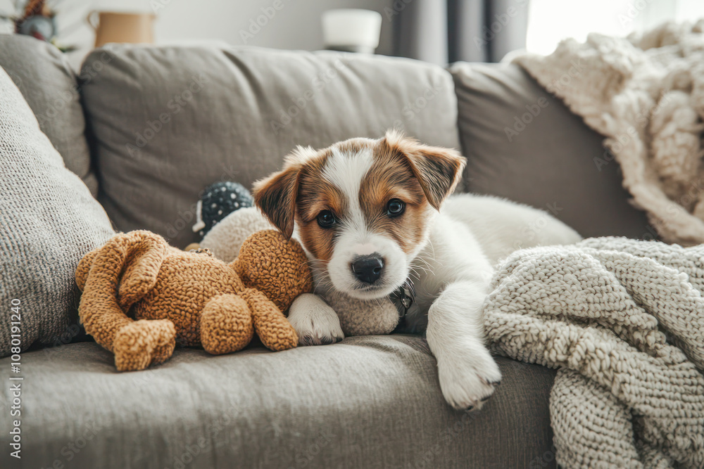 Cute puppy resting on a cozy couch with a stuffed toy and blanket in a warm home setting. Cute puppy resting on a cozy couch with a stuffed toy and blanket in a warm home setting.
