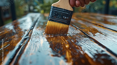 Close-up of a paintbrush applying a sealant to a wooden surface photo