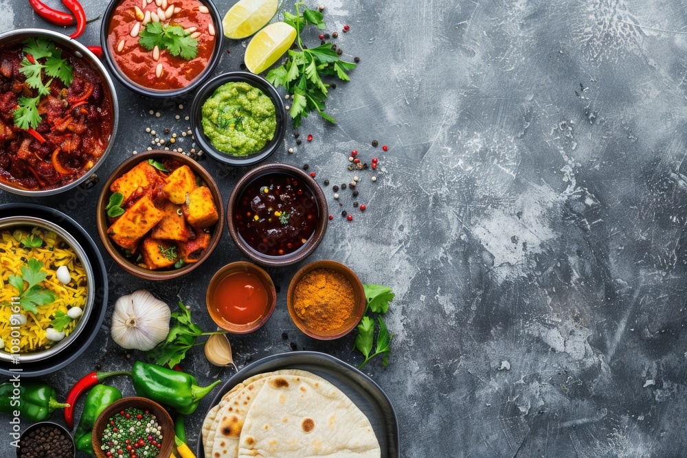 Indian Cuisine. Assorted Delicious Indian Dishes with Vibrant Flavors and Spices on Gray Background Indian Cuisine. Assorted Delicious Indian Dishes with Vibrant Flavors and Spices on Gray Background