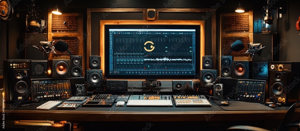 Fototapeta premium Professional home recording studio with a computer, mixing board, and monitors.
