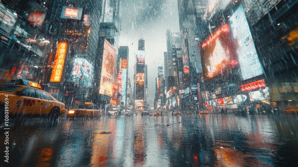 Obraz premium Rain-soaked cityscape with bright neon signs reflecting on wet pavement, New York City.