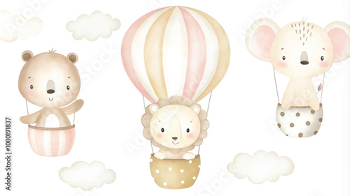 Cute animals in hot air balloon. Hand drawn vector illustration.