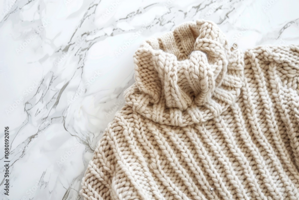 Knit Sweater. Top View of Female Beige Sweater on Vintage Marble Background. Cozy Winter Mood Knit Sweater. Top View of Female Beige Sweater on Vintage Marble Background. Cozy Winter Mood