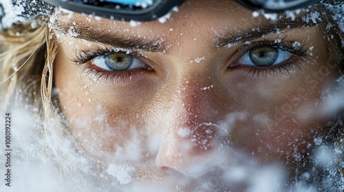 A close-up portrait of a woman wearing ski goggles with snow on her face.