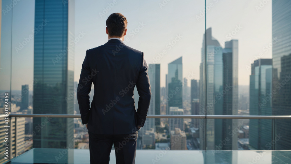 The back view of a business professional in a blue suit, standing in an urban commercial office district, with towering buildings and a bustling city atmosphere.