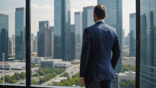 The back view of a business professional in a blue suit, standing in an urban commercial office district, with towering buildings and a bustling city atmosphere.